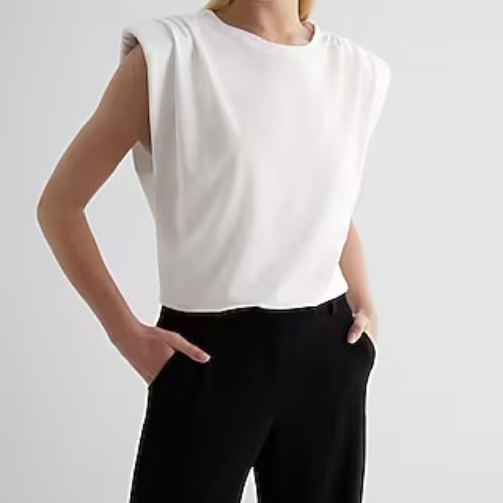 Express Crew Neck Padded Shoulder Muscle Tee in White (Size M)